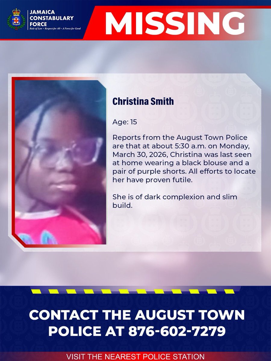 JamaicaConstab's tweet photo. Help us locate missing Christina Smith. If you know her whereabouts, please call the August Town Police or the nearest police station.
#AnandAlert #Missing https://t.co/tTVCbzGJx4