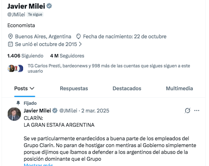 El presi tiene fijado un tuit contra Clarín, pero publicita su columna en Clarín. ¡Aprendan zurdos de mierda!