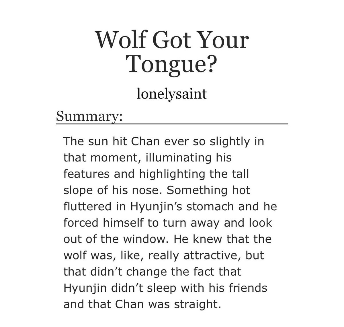 caninesaint's tweet photo. wolf got your tongue?

✧ 🐺🥟
✧ 207k words, 12/12 chapters
✧ explicit
✧ siren x alpha, fwb, secret relationship, coming out, loss of voice, emotional slow burn, there's so much smut though

link below! https://t.co/WJTnTCCv1g
