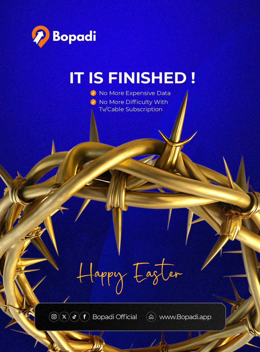 Bopadiofficial's tweet photo. Happy Easter padis  🐣💙
Jesus said “it is finish” but so did BOPADI 😁
No more expensive data🛜
No more difficulty with cable subscription 
#eastersunday #bopadi #airtimetopup #cheapdatabundle https://t.co/e8xeaHfgyy