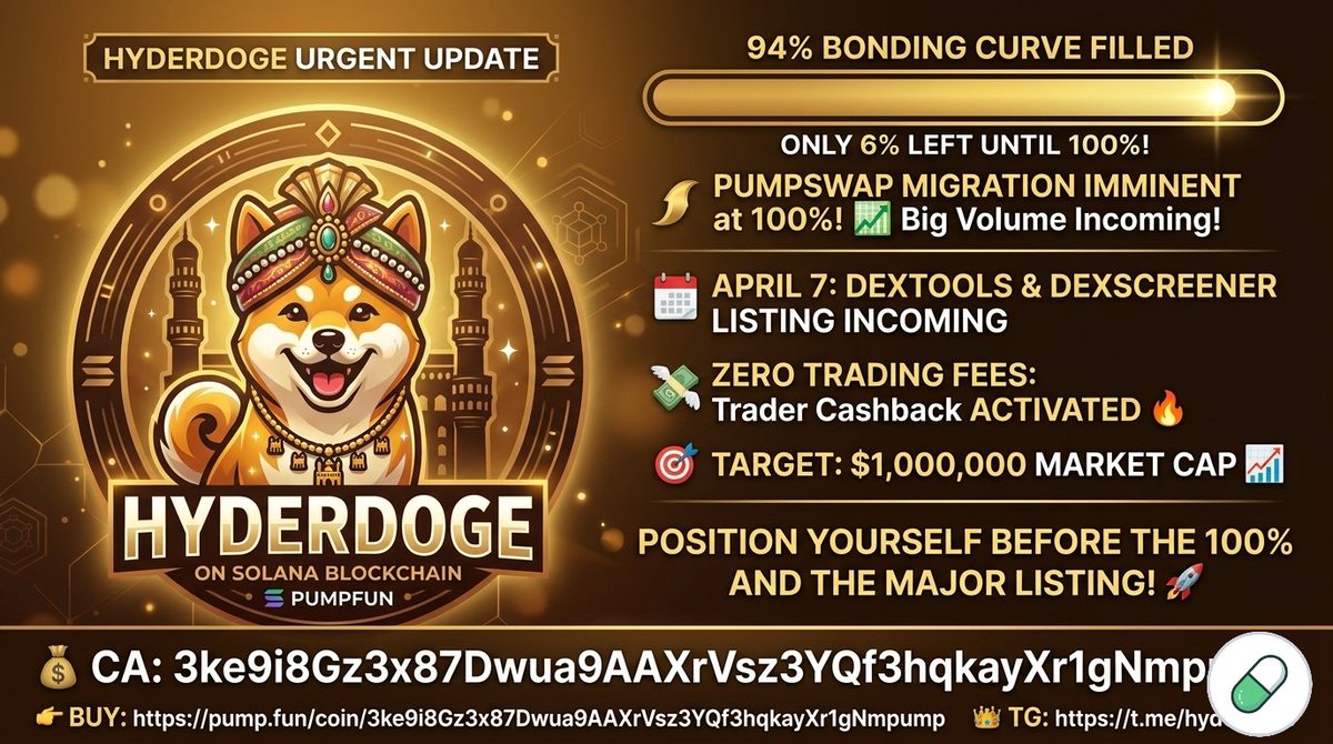 PigSol40579's tweet photo. 🚀 $HYDERDOGE is at 94% on the Bonding Curve! 

Buy: https://t.co/7SSttBPxMB

TG: https://t.co/UmQoXqNKp3

Only 6% left until 100% and our automatic liquidity migrated to PumpSwap. Big volume is incoming. 💹

Upcoming Catalysts:
🗓 April 7: @DEXToolsApp coming 

#Pumpfun #Dextool https://t.co/fujjYkbaUd