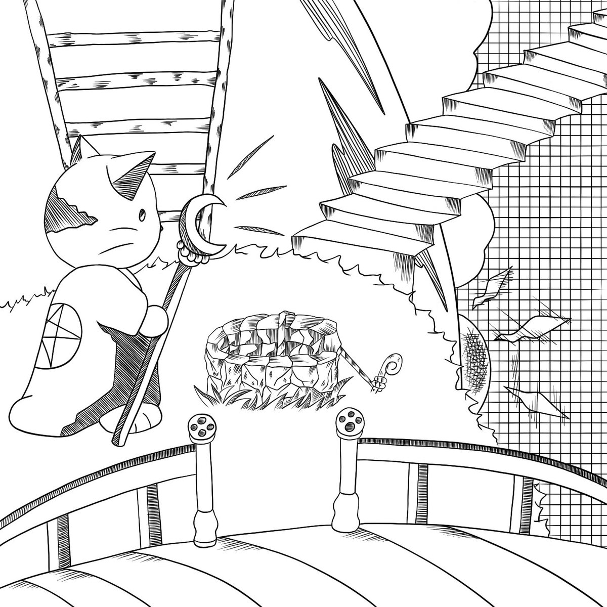 necodouraku's tweet image. 猫と井戸と階段の絵です。太陽は後ろに隠れていて、現実の世界ではないとわかります。猫は井戸を見つめており、何を呼ぼうとしているのでしょうか。
#猫 #cat #mind #心 #illustration #illustrationart #イラスト #Oracle     #art #芸術  #digitalart  #アート #童話   #FairyTail #太陽 #階段