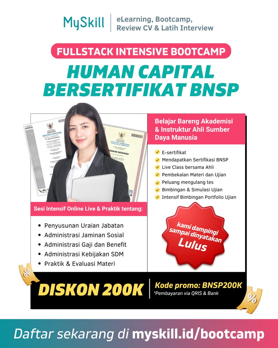 myskill_id's tweet photo. Yuk belajar lebih banyak dunia HR bareng expertnya di bootcamp intensive training Human Capital Staff BNSP✨✨
daftar pakai kode promo BNSP200K ya buat dapetin potongan 200 Ribu disini:
https://t.co/tPa6q60Elv
#myskill #humancapitalstaff #hrd #tipshrd https://t.co/xC4M9fWkYt