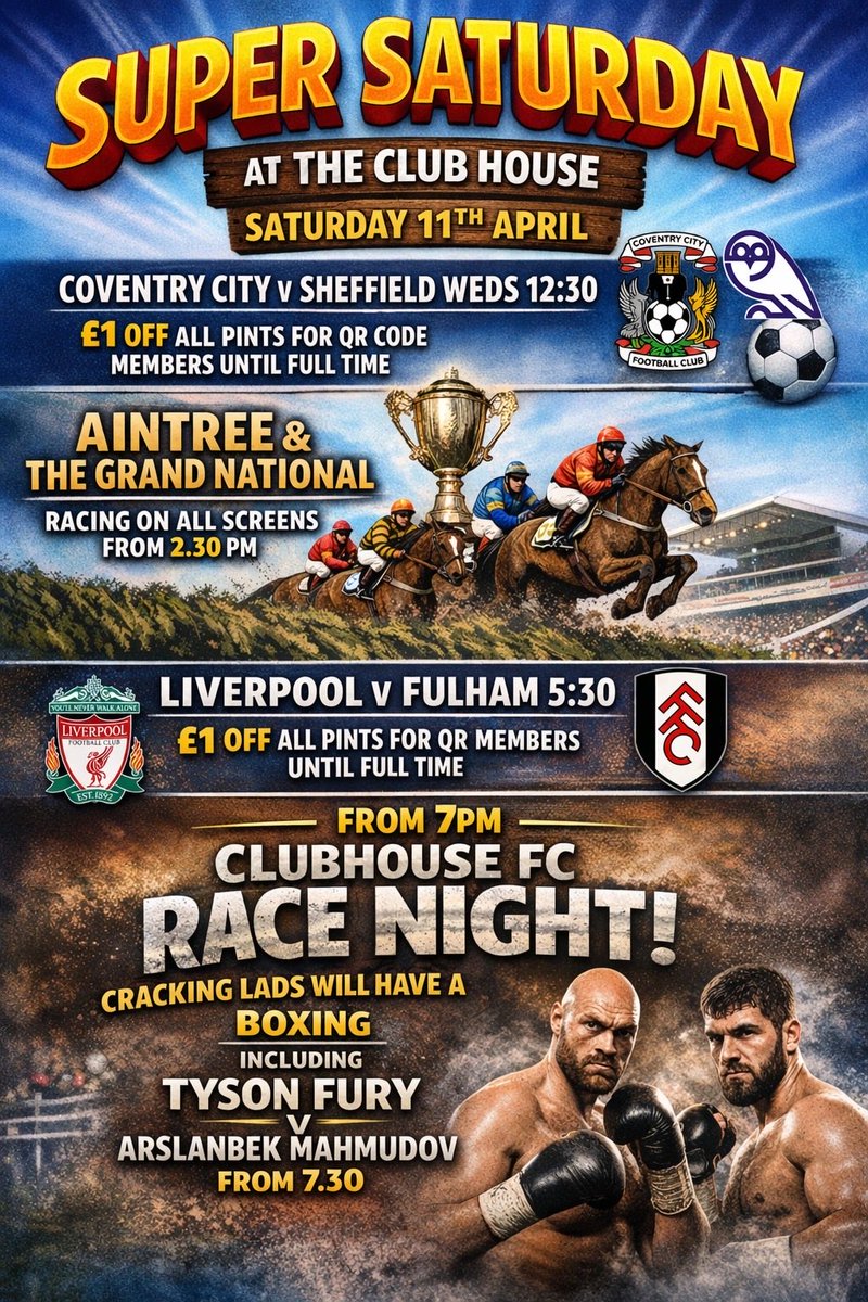 Clubhouse_FC's tweet photo. Next Saturday is the clubs annual race night, 7pm start get yourselves down to the clubhouse for a day of sporting action

For any horse purchases message the club for details

@THV04 fancy a horse again lads? https://t.co/jdRZSnyOfO