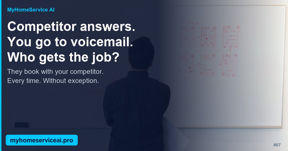 MyHomeServiceAI's tweet photo. Your competitor answers. You go to voicemail. Who gets the job?

They book with your competitor. Every time. Without exception.

The customer isn't loyal to your brand yet.
They're loyal to whoever picks up first.

Be the one who picks up first.
Even at 10pm on a Sunday.

https://t.co/CFFyxmggRa