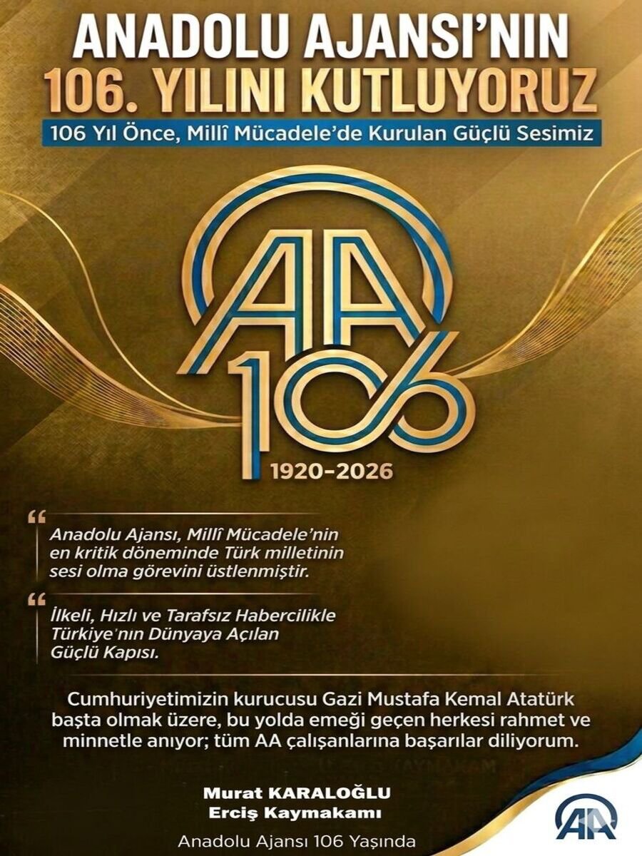 erciskaymakamlk's tweet photo. 📌AA'nın kuruluşunun 106. Yılını kutlu olsun 
Cumhuriyetimizin kurucusu Gazi Mustafa Kemal Atatürk başta olmak üzere, bu yolda emeği geçen herkesi rahmet ve minnetle anıyor; tüm AA çalışanlarına başarılar diliyoruz
@karaloglu_murat 
#ercis https://t.co/WNRRfMYz6i