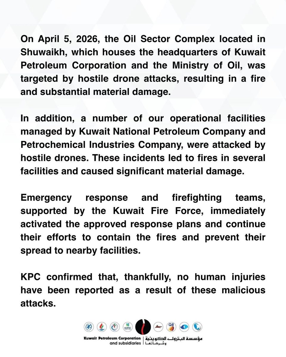 kpcofficialkw's tweet photo. KPC Press Release on this morning's attack on the Oil Sector Complex and several of our operational facilities managed by Kuwait National Petroleum Company and Petrochemical Industries Company. https://t.co/HkOB2QDCp9