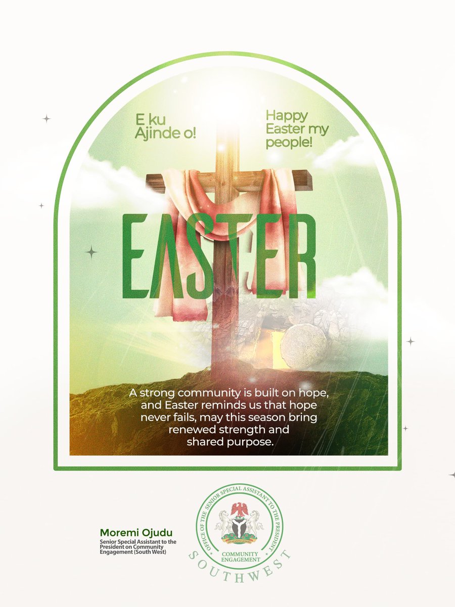 moremiojudu's tweet image. Happy Easter to our Christian brethren across the South-West and beyond. May this special season bring renewed hope, joy, and a deep sense of purpose to us all.

We remain committed to building stronger communities and a better future for everyone.

#CommunityFirst
