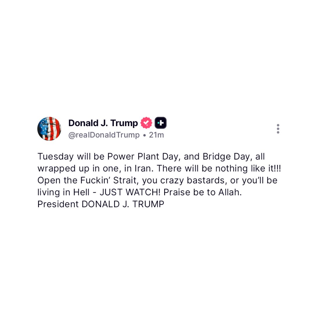 BullTheoryio's tweet photo. BREAKING: Trump threatens to destroy Iran’s bridges and power plants if no deal is reached and Hormuz is not reopened.

Says open the Strait or “you’ll be living in hell.” https://t.co/f9fHOvKwon