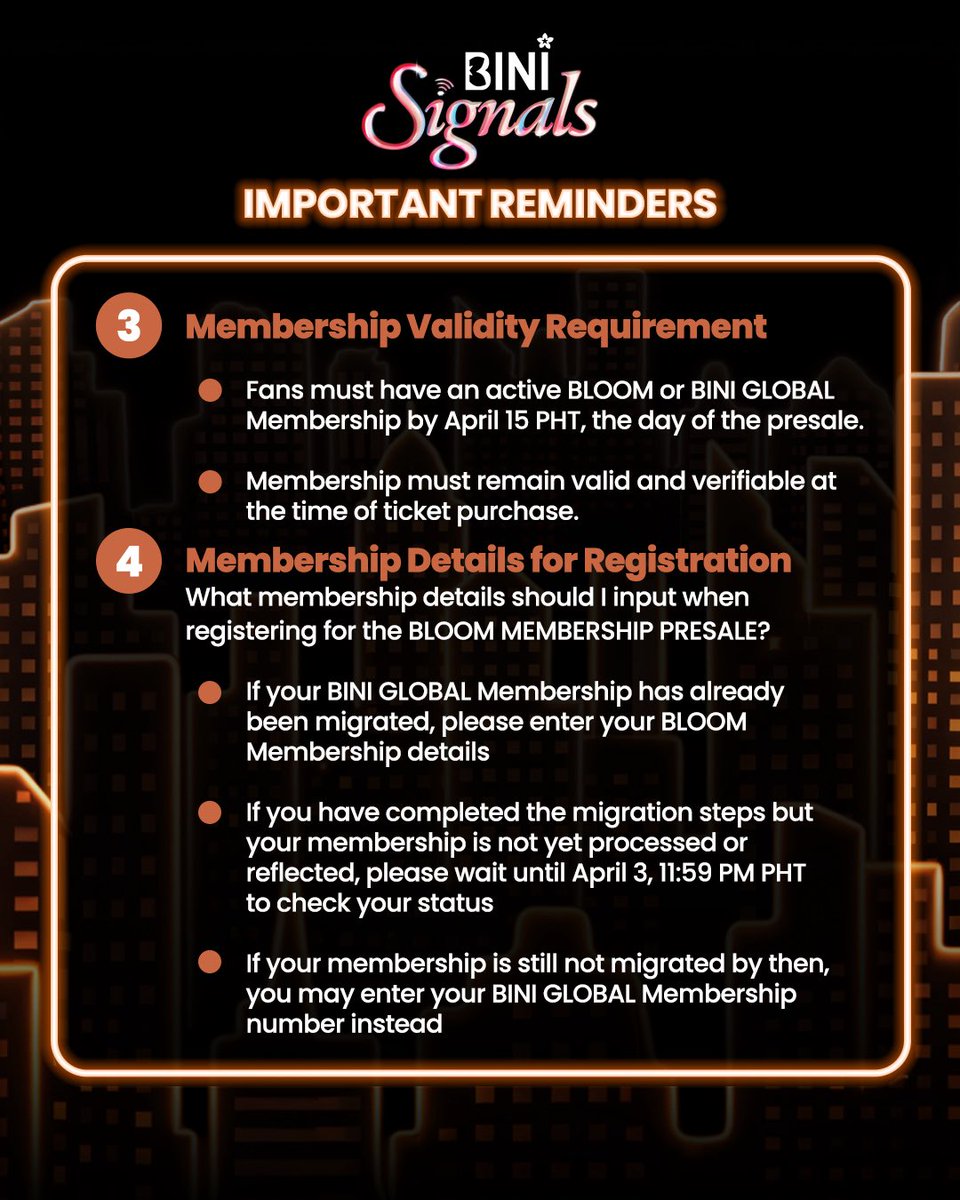 Today is the final day to register for the BLOOM Membership Presale for "Signals" at the Mall of Asia Arena.

Registration closes at 10:59 PM PHT. Sign up now! 🌸

🔗 BLOOM Membership: shop.weverse.io/en/shop/USD/ar…
🔗 BLOOM Membership Presale Registration: signalsmanilapresale.abs-cbn.com