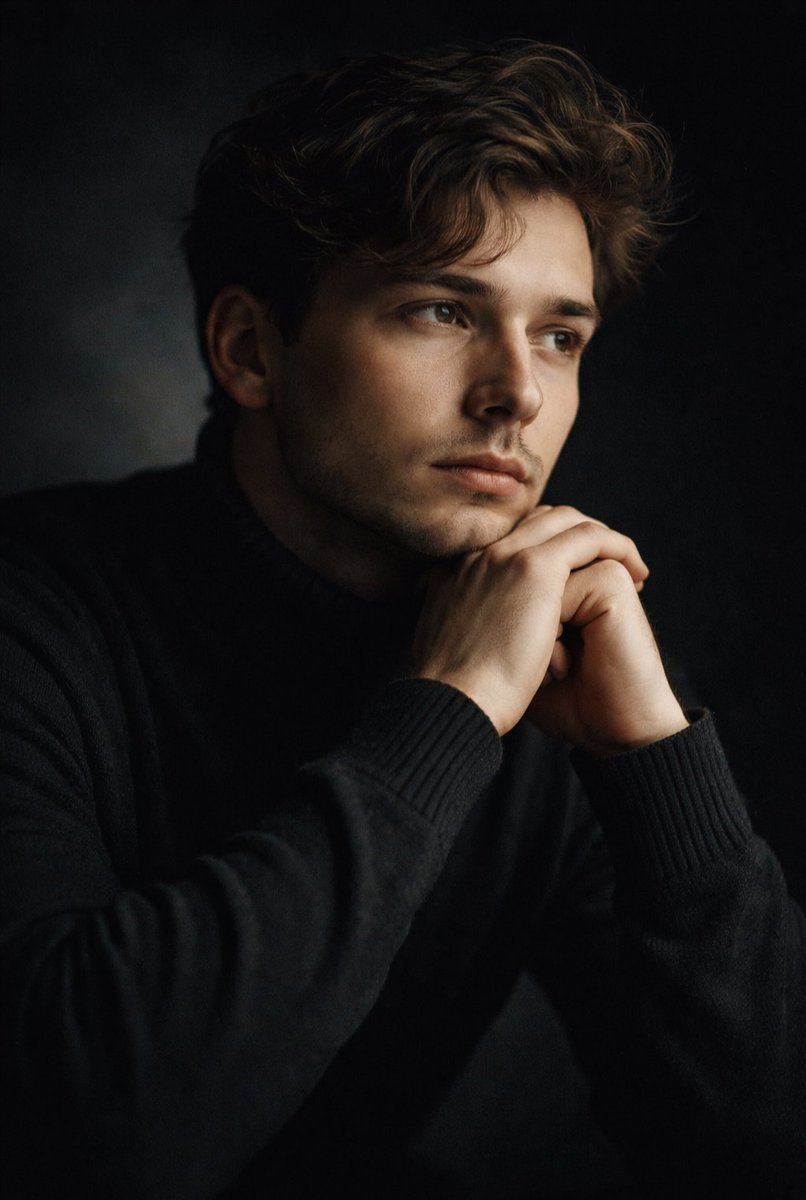 Prompt

​Cinematic, low-key portrait of a young man with wavy brunette hair, looking pensively off-camera. He is wearing a dark charcoal turtleneck sweater and has his hands clasped beneath his chin in a thoughtful pose. The lighting is soft and directional, creating a Rembrandt