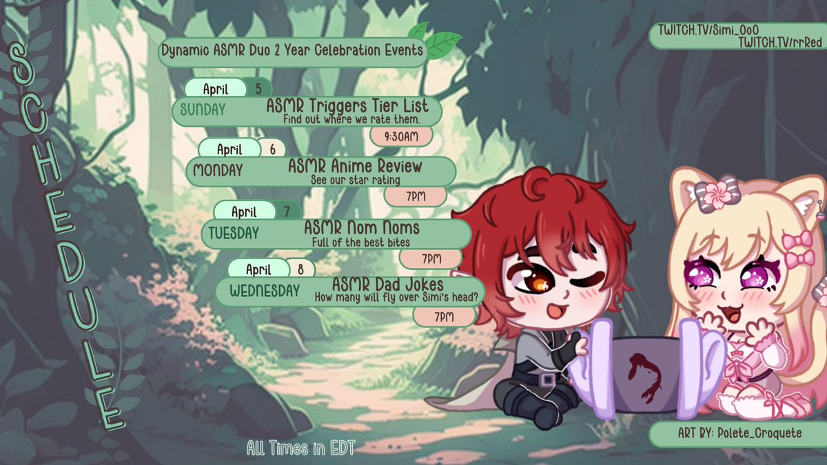 Simi_0o0's tweet photo. ✨The Dynamic ASMR Duo 2 Year Celebration!

For over 2 years @rrred_0o0 &amp; I have been having so much fun in our Collabs… with Many More Years Ahead💖   

Join in the Celebration (times in EDT) (🔗👇🏻

🎨PoleteCroquete 

#Simi0o0Art #DynamicASMRDuo
🛍️@shopuwumarket https://t.co/UbTQFNCq9s