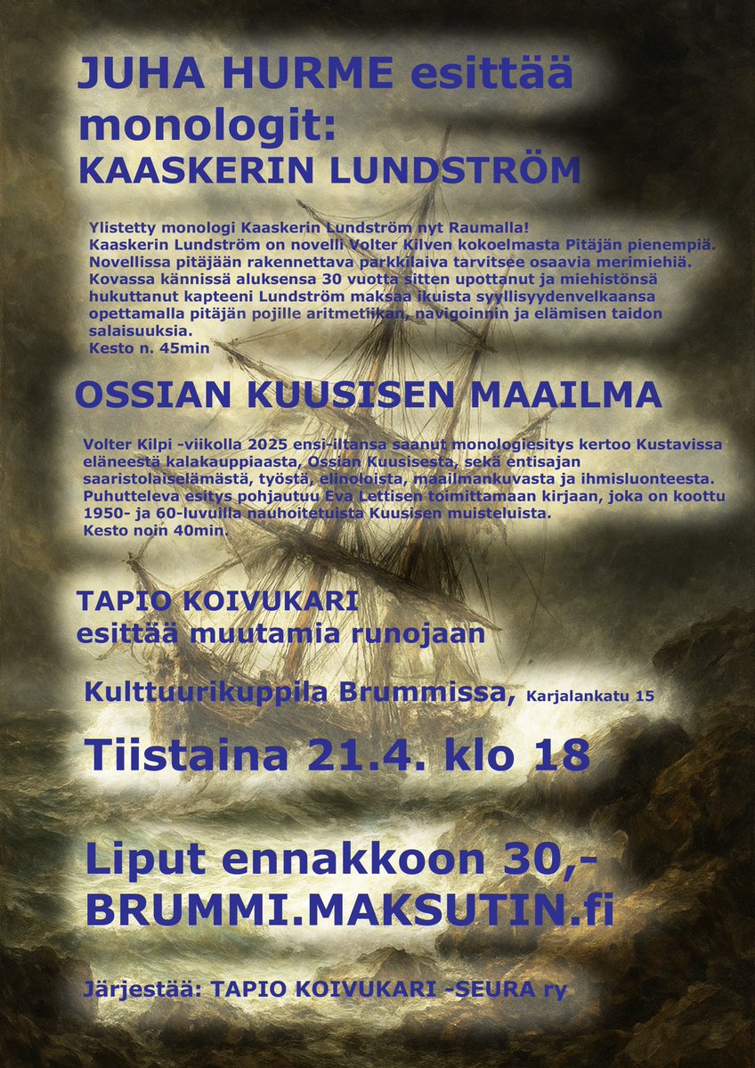 Tehdäst reklaami Tapio Koivukari -seura järjestämäst monologehtost 21.4. kell 6 j.bb. Kattokka nuukemat tiado fölis olevast reklaamist. Tätä saa miäleläs jakka ettippäi. #tapiokoivukari #juhahurme #volterkilpi #rauma #kustavi