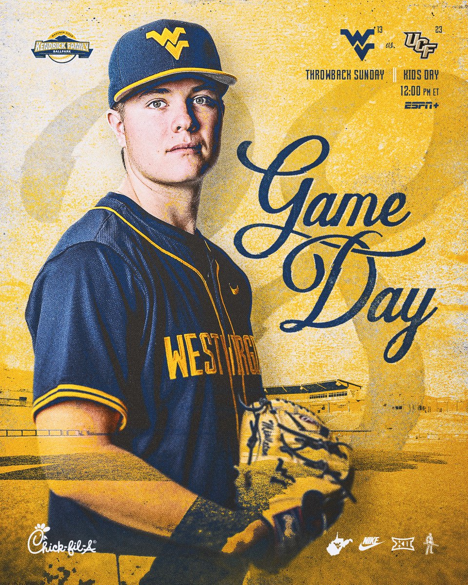 WVUBaseball's tweet image. Game Day!

🆚 No. 23 UCF
⌚️ 12 p.m.
🏟️ Kendrick Family Ballpark
📍 Morgantown
📺 tinyurl.com/2fyjbeup
📻 tinyurl.com/z36nmy5x
📊 tinyurl.com/2naxuf4y
🎟️ bit.ly/26baseucftixs

#HailWV