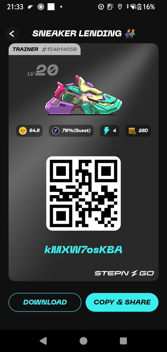 rrranchoooo's tweet image. guest募集します！

👟Trainer Lv20 E84.8
⚡️毎日4エナ（20分)
🗓️4週間
💰ゲスト報酬70%
🔑kMXW7osKBA

#STEPNGO
#STEPN
#FSL