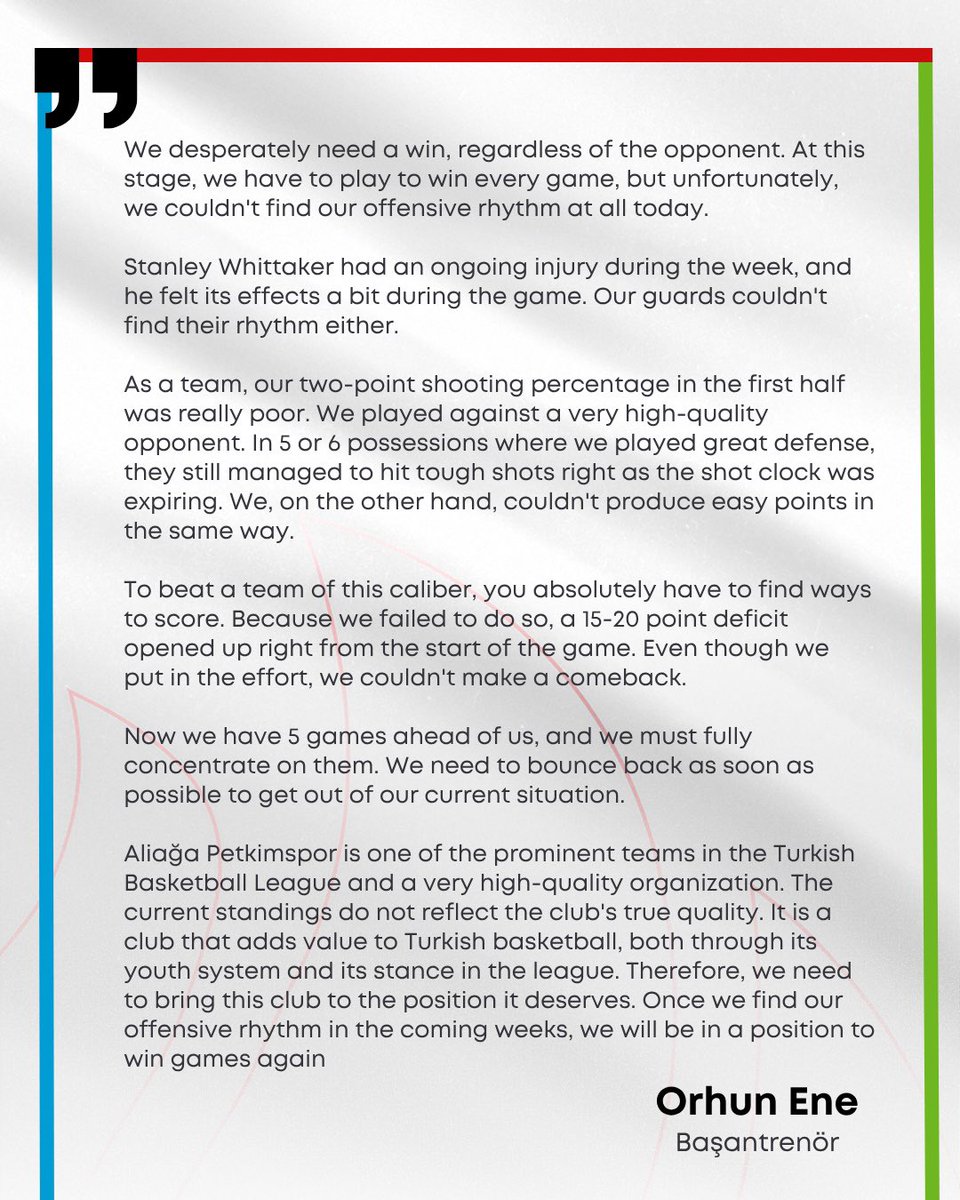 Petkimspor's tweet image. 📢 Başantrenörümüz Orhun Ene'nin Maç Sonu Açıklamaları

#BirlikteHedefe #BSL