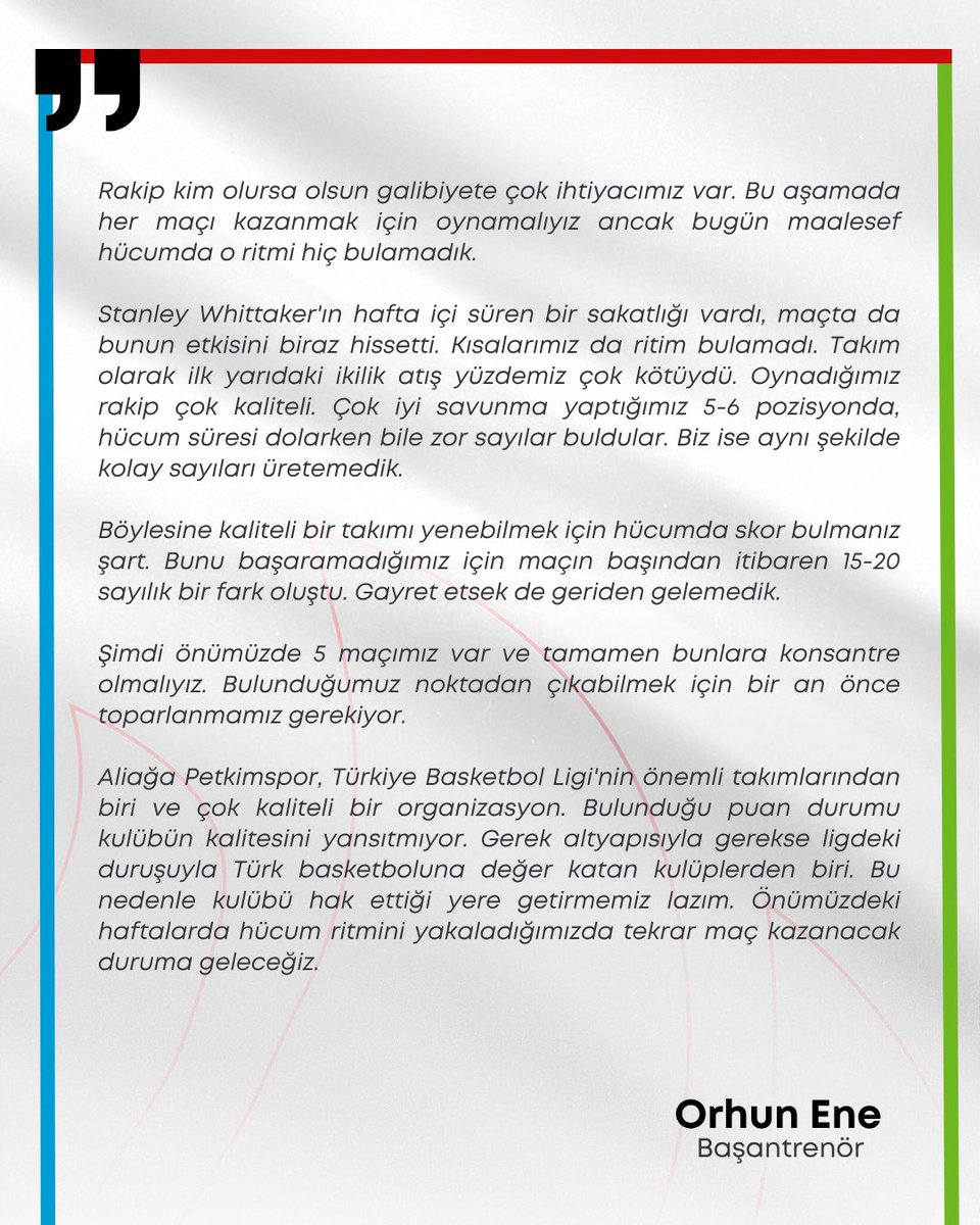 Petkimspor's tweet image. 📢 Başantrenörümüz Orhun Ene'nin Maç Sonu Açıklamaları

#BirlikteHedefe #BSL