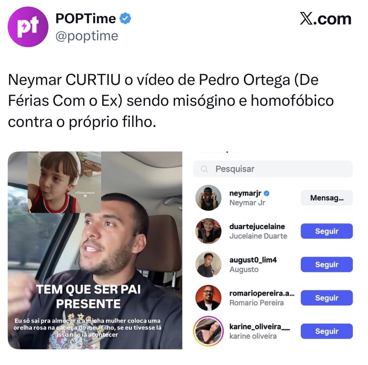 Imagina você ser PAI, criar seu filho com amor e carinho, bancar todas as contas da casa e não poder decidir o que acontece dentro do seu ambiente em paz ? 

Página tá dizendo que o Ortega tá sendo misógino e homofóbico contra o próprio filho, oloko 

Só acho engraçado que quando