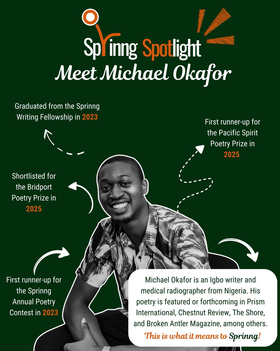 SprinngLM's tweet photo. In 2023, Michael joined the Sprinng Writing Fellowship. Since then, he’s gone on to be shortlisted and recognized across multiple literary spaces—proof that the right guidance, followed by consistent effort, can take your work far.

Keep on Sprinnging, Michael! 💚 https://t.co/pw2CXylR36