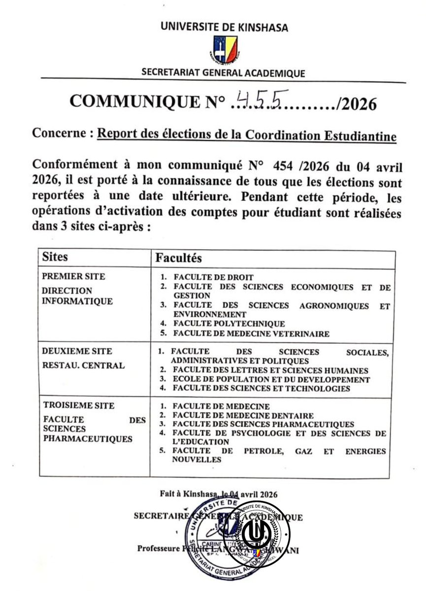 Infos_Unikin01's tweet photo. 🚨UNIKIN : Les élections de la Coordination Estudiantine sont reportées à une date ultérieure (Communiqué 455/2026).
​L'activation des comptes étudiants se poursuit cependant sur 3 sites spécifiques selon votre faculté.

#Infos_Unikin #Unikin 
@Unikinrdc https://t.co/zxeOrYVjM1