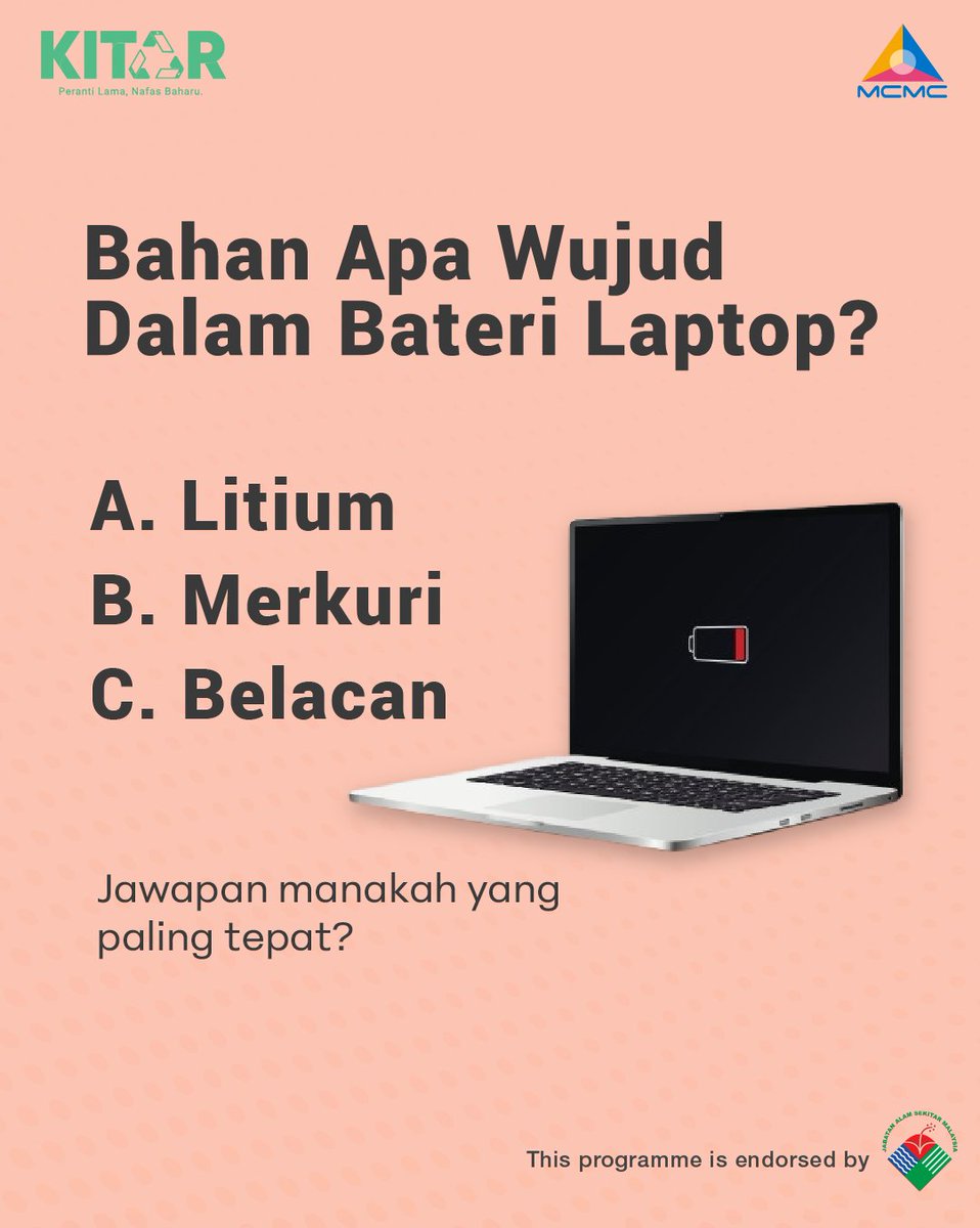 kitar_mcmc's tweet photo. Jangan tertipu! Ada bahan berbahaya dalam bateri laptop yang tak patut dibuang merata-rata.

Yang mana satu jawapan tepat? A, B… atau C? 

Melindungi alam bermula dengan pengetahuan dan diikuti dengan tindakan. ✅

Hantar bateri lama anda ke Tong KITAR hari ini. ♻️

#mobileewaste #KITARMCMC #KITARuntukKITA #JomKITAR #SisaElektronik #BateriLaptop #EwasteQuiz