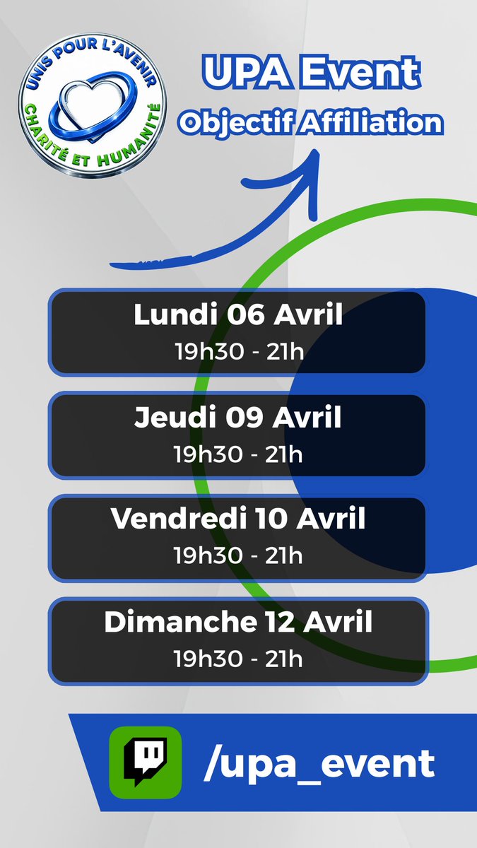Team_New_Family's tweet photo. Les loulous on compte aujourd'hui sur vous afin que l'on fasse en sorte de rendre la chaîne de notre partenaire @UPA-EVENT affilié avant l'événement caritatif, un petit lurk de votre part pendant 1h30 sur 4 jours, ça donnera un max de love 💙💚
https://t.co/KALykE43VE
#upaevent https://t.co/ImFqYLLzE6