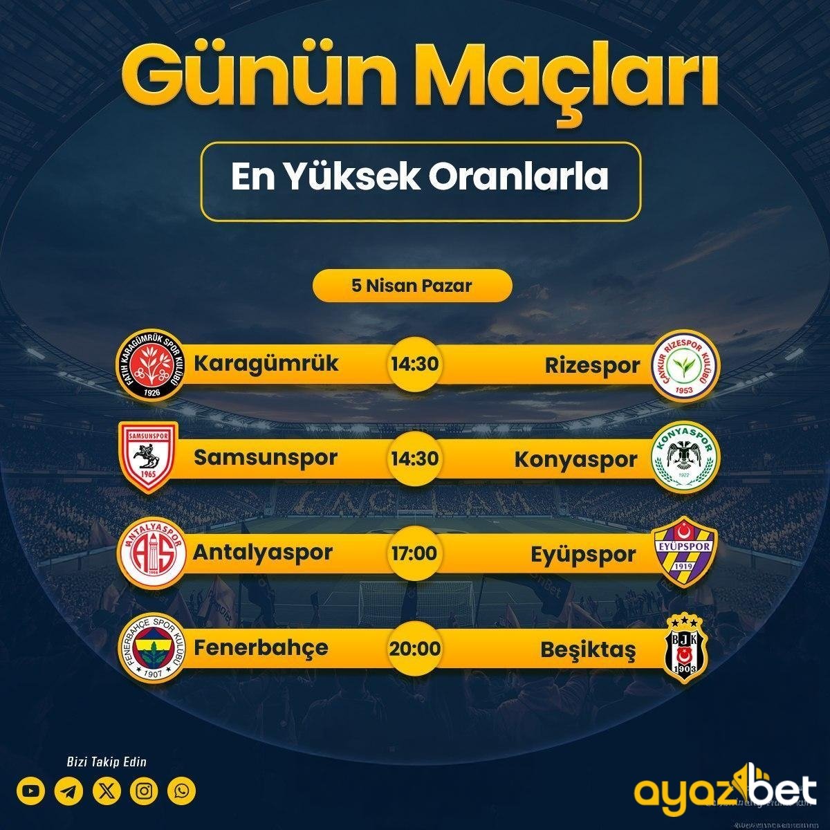 yeahmurkumar's tweet photo. ⚡ Günün maçları hazır!

⚽  Karagümrük – Rizespor
⚽  Samsunspor – Konyaspor
⚽  Antalyaspor – Eyüpspor
🔥  Fenerbahçe – Beşiktaş (DERBİ)

Giriş 🎰 https://t.co/tCxxqU1G0R

#ayazbet #karagümrükspor #rizespor #samsunspor #konyaspor #antalyaspor #eyüpspor #fenerbahçe #beşiktaş https://t.co/xtuDxa5vpw