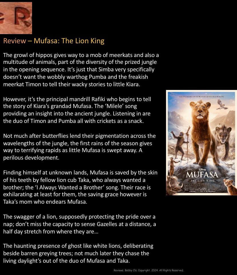 Rcoolmovies's tweet image. The haunting presence of ghost like white lions, deliberating beside barren greying trees; not much later they chase the living daylight’s out of the duo of Mufasa and Taka. 

#Mufasa: #TheLionKing (film) directed by #BarryJenkins #Animation