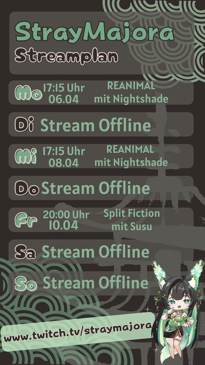 Für alle die sehnsüchtig darauf gewartet haben!
Der Streamplan für nächste Woche 🎉💚
Unter anderem versuche ich mich mal als Drachenzähmer für <a href="/Nightshade_VT_/">Nightshade | Dragon Vtuber</a>  😂