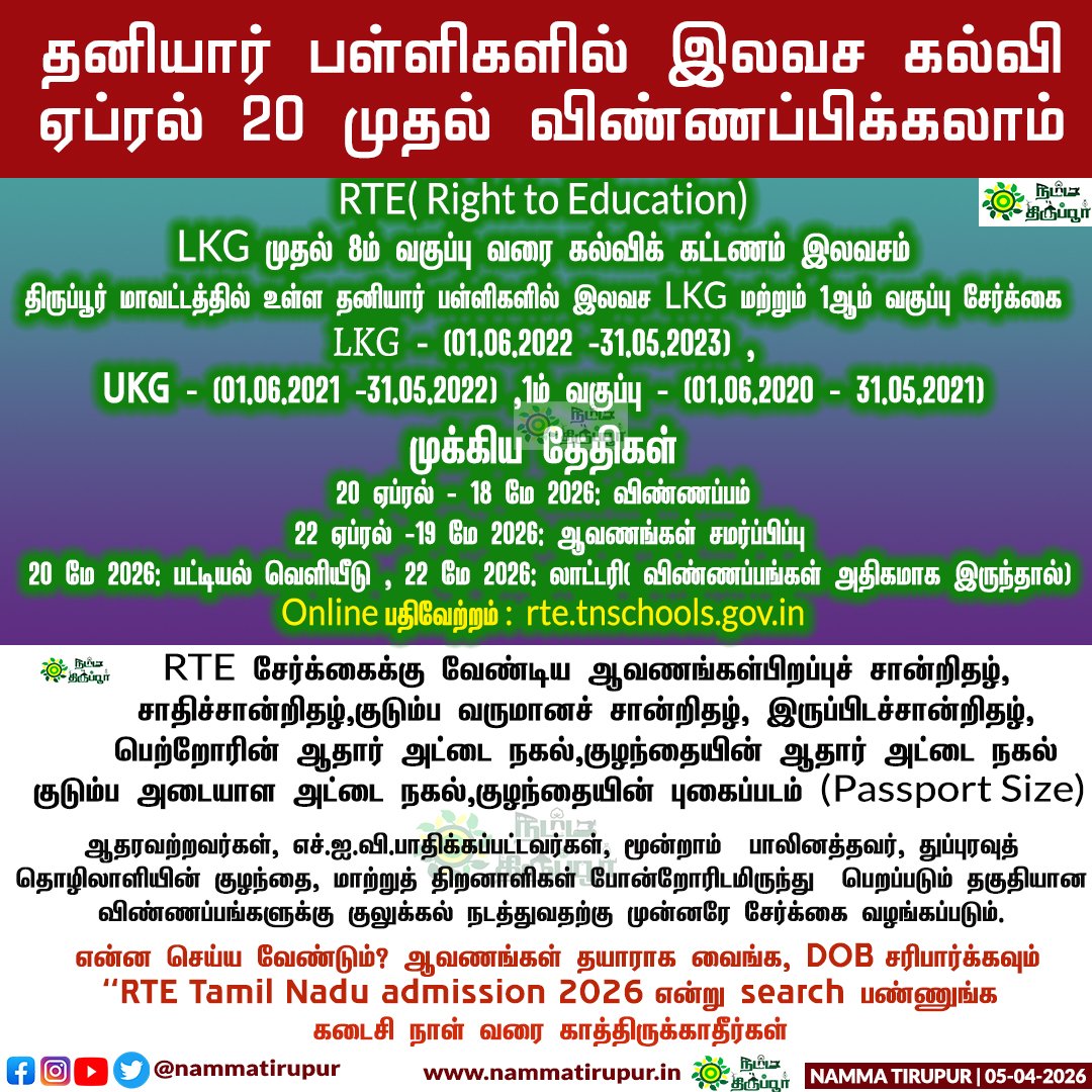 nammatirupur's tweet photo. RTE 2026–27: தனியார் பள்ளிகளில் 25% இடஒதுக்கீட்டில் மாணவர் சேர்க்கை தொடக்கம்! 

#RTEAdmission #RightToEducation #TamilNaduSchools #SchoolAdmission2026 #EducationNews #PrivateSchoolAdmission #StudentAdmission #FreeEducation #tirupur #nammatirupur https://t.co/0kugKX9Sko