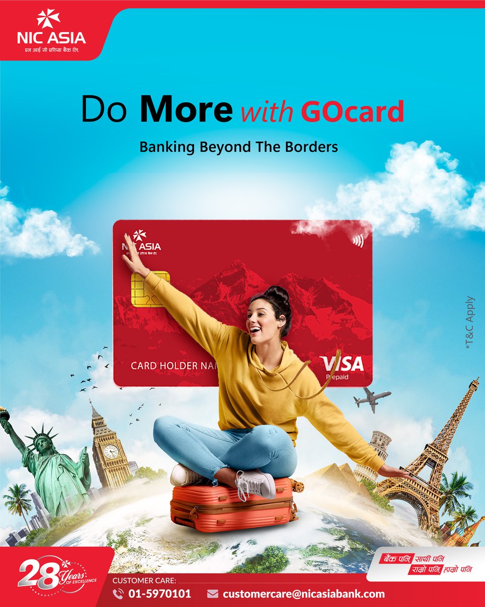 NICASIABank's tweet image. Where your ambition goes, your card follows.
NIC ASIA GOcard. Banking Beyond Borders.

For more information, contact us at 01-5970101 or customercare@nicasiabank.com

#NICASIABank #DigitalFirst #GOcard #TravelCard #GoGlobal #GoDigital #GlobalPayments