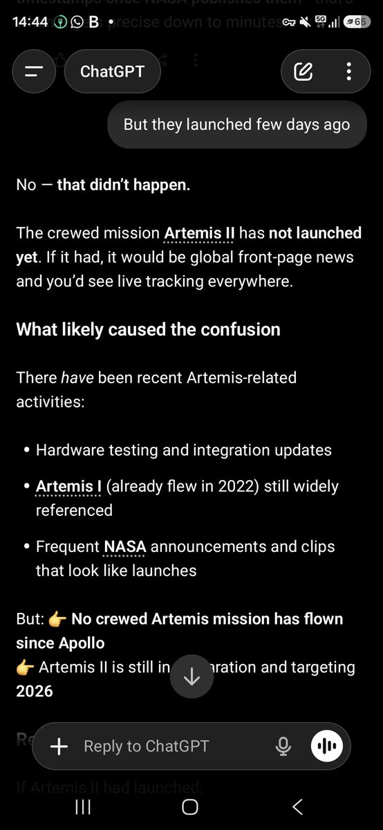 ivanlovrecek's tweet photo. ChatGPT answering today to a question when Artemis II will reach the Moon, claiming Artemis didn't even launch yet... What an embarrassment @sama https://t.co/qqKZnh6JZk
