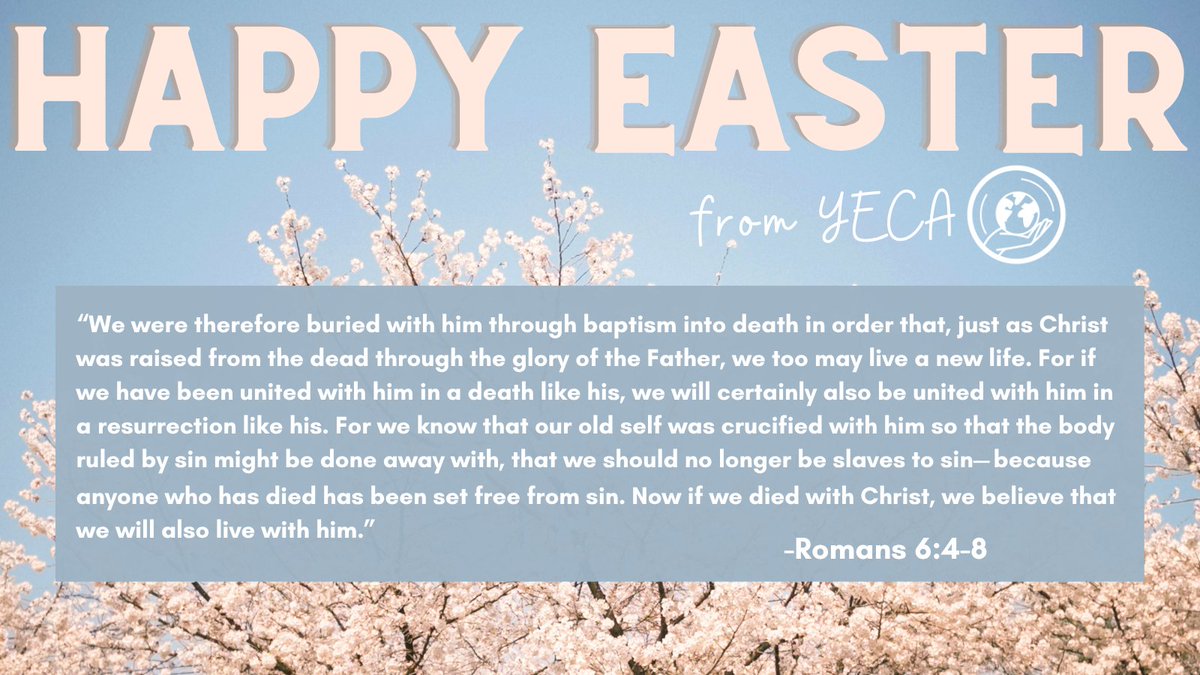 YECAction's tweet photo. Happy #Easter from YECA! ✝️

What a joy to celebrate the resurrection of our Savior, Jesus Christ! Because of his death and resurrection, we---and all creation---are free from sin and have new life in Him. 🌷 https://t.co/U3JPOZylsQ