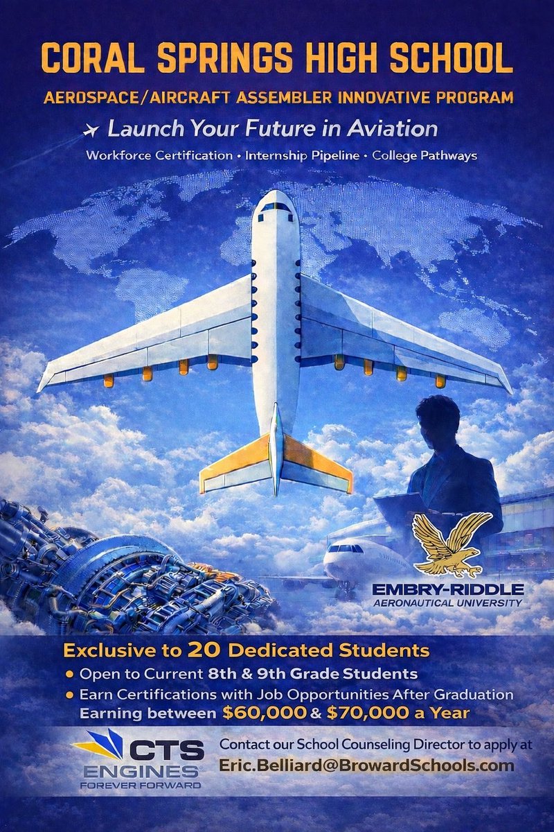 Principal_CSHS's tweet photo. 🚀 Launch your future in aviation at CSHS!

✈️ Aerospace/Aircraft Assembler Program
🎯 Exclusive to 20 students
📚 Open to current 8 &amp; 9 graders
💼 Earn certifications + job opportunities
💰 $60K–$70K careers after graduation

Apply today! Contact Eric.Belliard@BrowardSchools.com https://t.co/hYqIzbEsIh