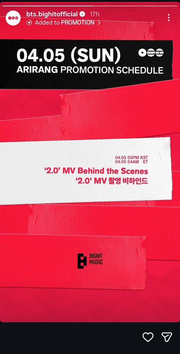 7btsfilmout's tweet photo. ARIRANG PROMOTION SCHEDULE for;

➤'2.0' MV Behind the Scenes 📺
🗓: 05.04.2026
⏰: 5PM (KST)  ||  9AM (BST) ||  4AM (ET) 
🔗https://t.co/ruGNJh6a0B

#BTS_2point0
#BTS_ARIRANG #BTS_SWIM
#ARIRANGBYBTS #ARMYRANG
#BTSComeback2026 https://t.co/SCMTkkzYhy