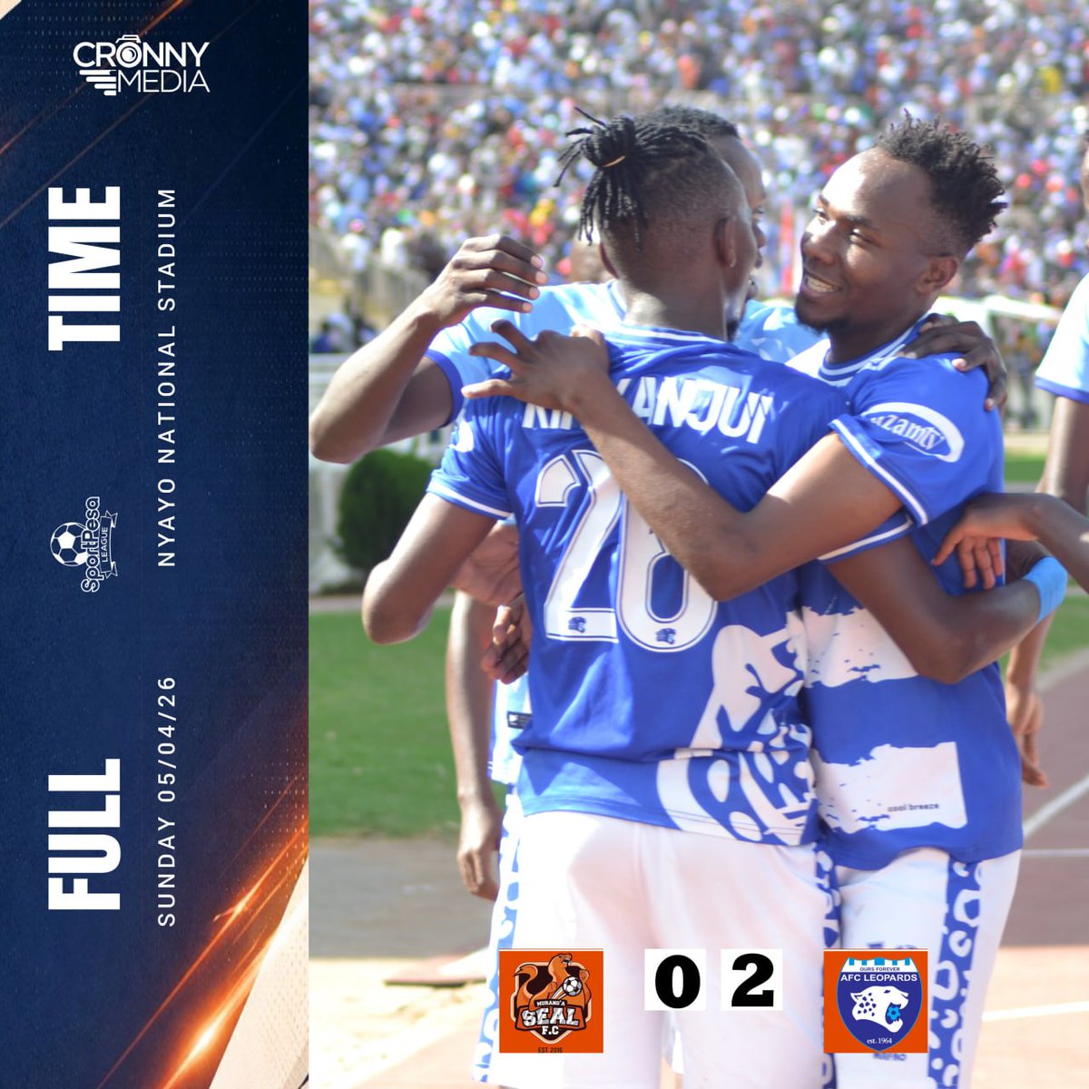 CronnyMedia's tweet photo. Full-time in the SportPesa Premier League at Nyayo National Stadium and it’s a statement win for AFC Leopards.

Second-half strikes from Ronald Shichenje (Bebeto) and Hassan Beja seal a commanding 2-0 victory as Ingwe ruthlessly dispatch Murang'a Seals. 🟡🔵 https://t.co/mDmu4MBGoh