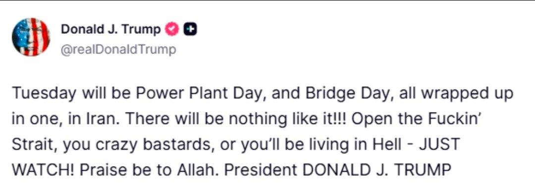 akivanc78's tweet photo. "ABD Başkanı Donald Trump: 
- İran'da Salı günü enerji tesisleri ve köprüler günü olacak, hepsini bir paket olarak ele alacağız, daha önce böylesini görmemiş olacaksınız
- Hürmüz Boğazı'nı açın ya da cehennemi yaşarsınız"
#xag #xau #usdtry #bist #xu30 #xu100 @MertBasaran_inv https://t.co/v67kDqeKVE