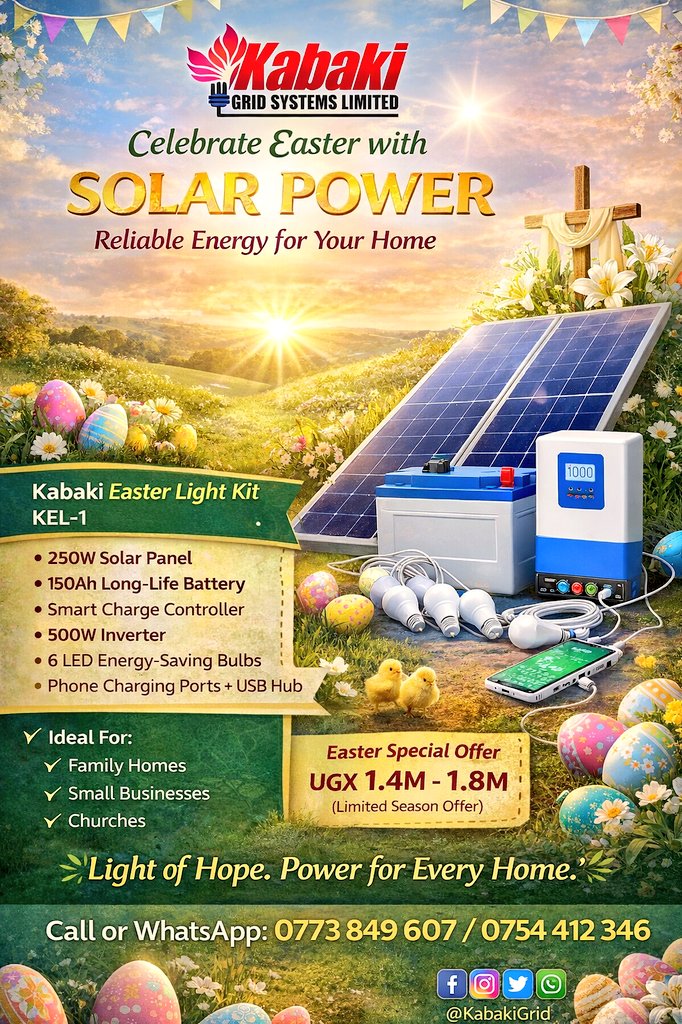 KakuleAlex1's tweet photo. Celebrate the joy of Easter with reliable solar power from Kabaki Grid Systems Ltd. Our Easter Solar Package delivers clean, affordable energy for lighting, charging, and family comfort this holiday season. Enjoy uninterrupted power and brighter moments. Call 0773849607 https://t.co/g17qEDDjNS