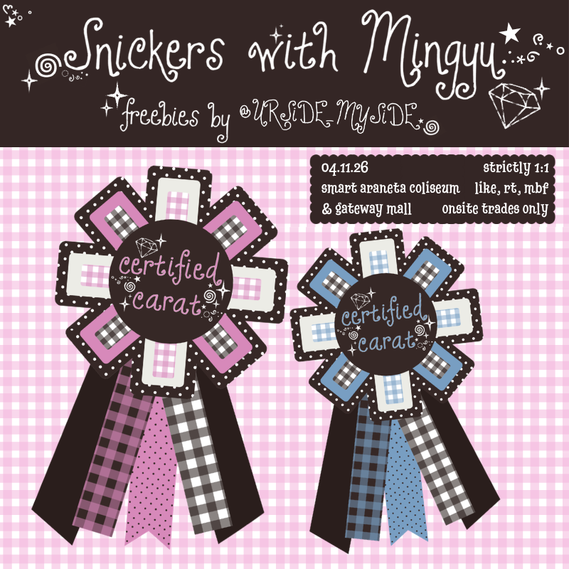 URSiDE_MYSiDE's tweet photo. ✩°｡⋆⸜ SNICKERS WITH MINGYU ✮₊˚⊹♡ 
        fan support by @URSiDE_MYSiDE💭
        rosette vinyl stickers   

— like, rt, &amp; follow (optional)  
— onsite trading only!   
— 1:1 limited qty  

#SNICKERSwithMINGYU https://t.co/2Hw9iTE74g