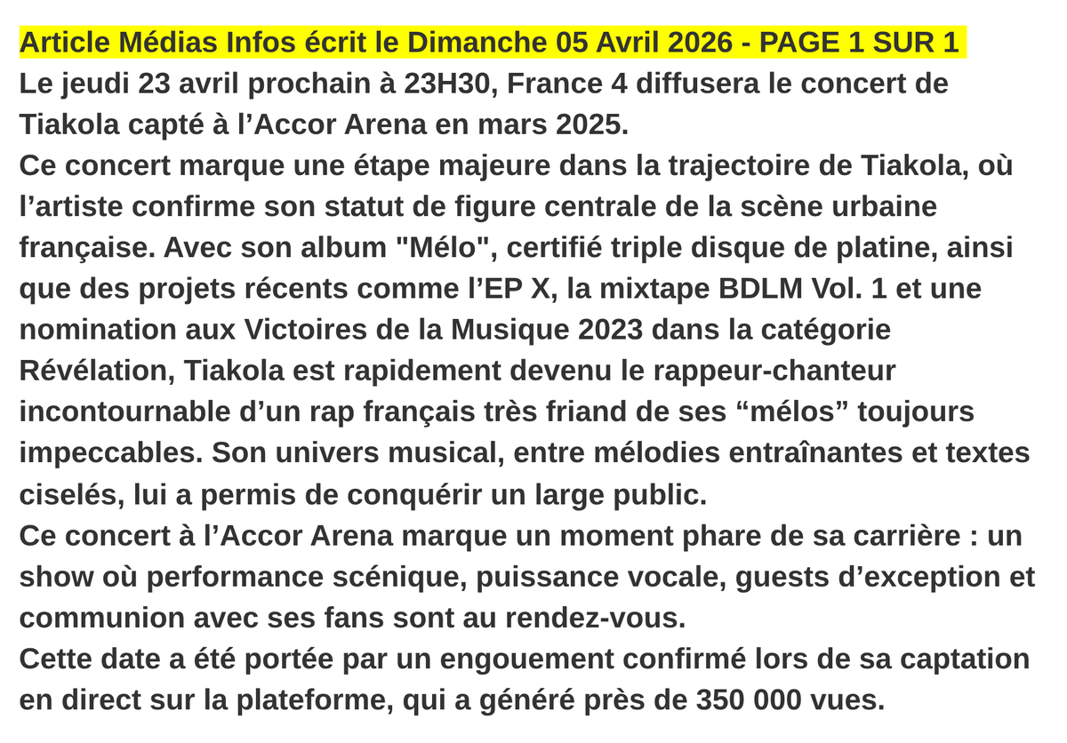 Mediasinfos's tweet image. Le jeudi 23 avril prochain à 23H30, #France4 diffusera le concert de @Tiakola_Meloo capté à l’Accor Arena en mars 2025. Retrouvez notre article ci-dessous.