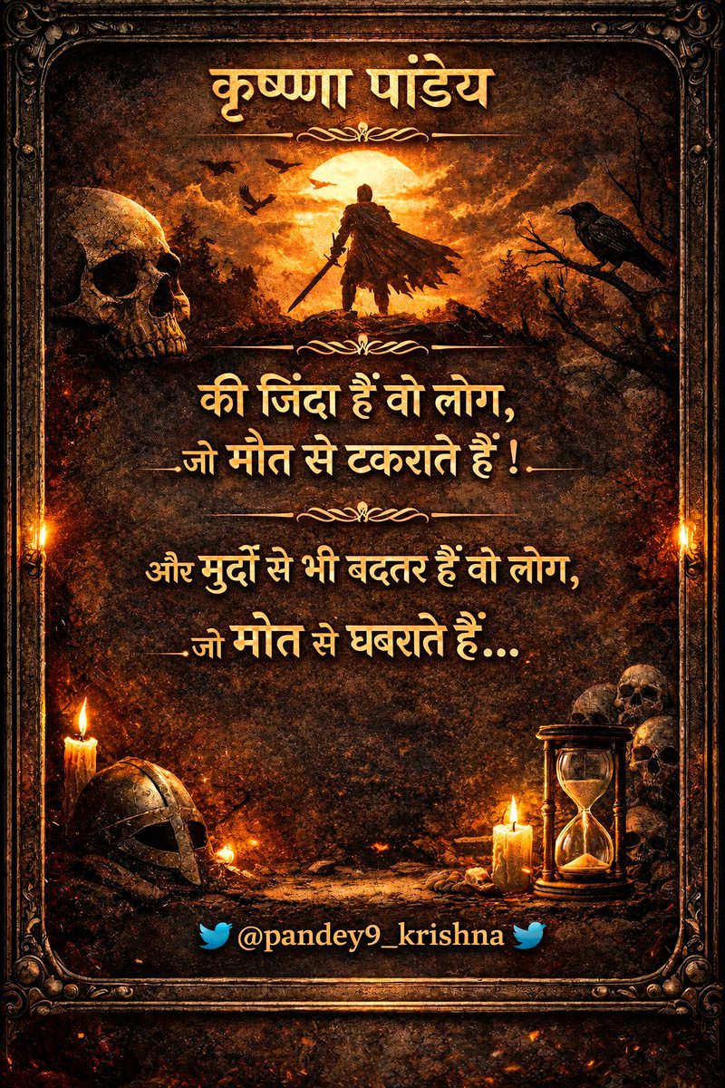 pandey9_krishna's tweet photo. कि जिंदा हैं वो लोग,
जो मौत से टकराते हैं..!

और मुर्दों से भी बदतर हैं वो लोग,
जो मौत से घबराते हैं… 💀🔥

#Attitude #Fearless  #DeathQuotes #Motivation #PowerfulLines #RoyalEntry #KillerAttitude #DarkVibes #LegendMindset #DangerousMind  #Zindagi #Maut   #ViralPost #🔥 #💀 #⚔️ https://t.co/DIx0X53GFg