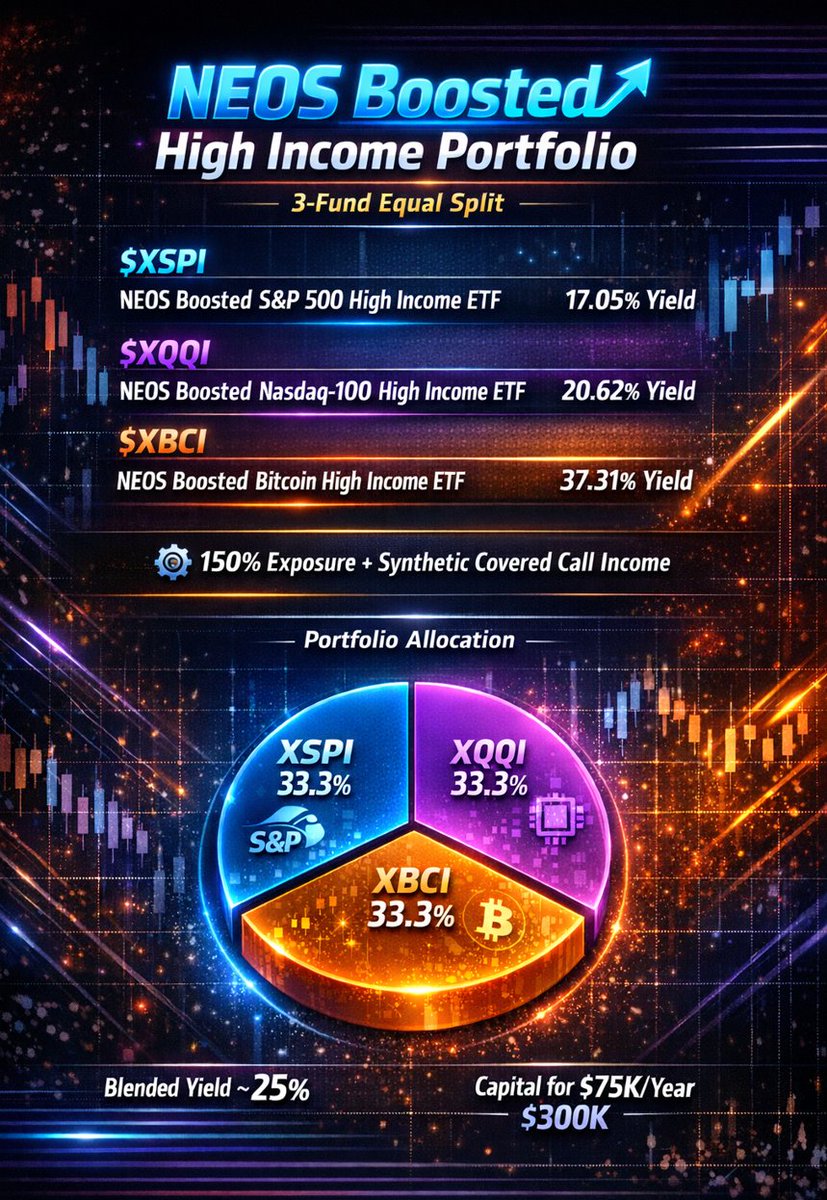 BeatTheBotz's tweet photo. 📊 NEOS Boosted High Income ETF Portfolio

$XSPI 17.05% Yield
$XQQI 20.62% Yield
$XBCI 37.31% Yield

⚙️ 150% Exposure + Synthetic Covered Call Income

⚠️ High Risk Reward Setup. Not For The Faint Of Heart.

Blended Yield ~25%💰 Capital For 75K Per Year ~300K https://t.co/3SEKra3ZYw