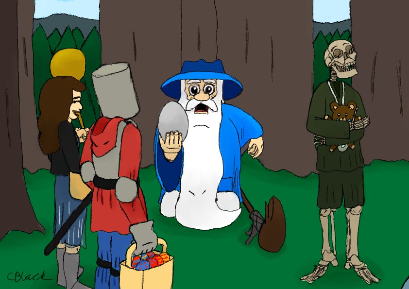 Happy Easter all. Hope that you are all having an eggscellent day. In response to it did 2 paintings of Wizzy, Amy, Rusty and Grinny on a quest. They have Easter eggs on the quest. Wizzy has a big one only to be told its a griffin egg.

#Easter #fantasy #cartoon #wizard #painting