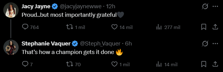 TIMWrestling's tweet image. Nuestra campeona mundial reconociendo al gran trabajo de Jacy Jayne como campeona de NXT.

Jacy Jayne ya no es parte del listado de antichilenos 👏🏻