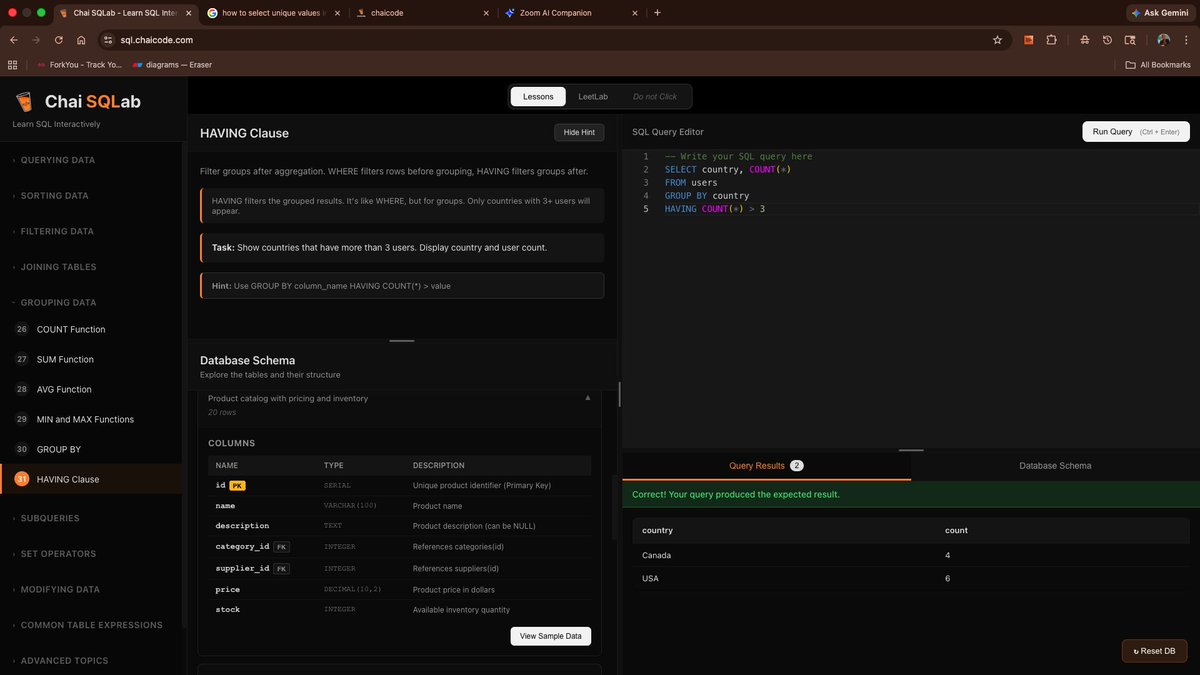 VinnyMadaan3's tweet image. ChaiSQL labs completed till grouping data✅

@Hiteshdotcom @piyushgarg_dev @nirudhuuu 

#chaicode #SQL #LearningInPublic