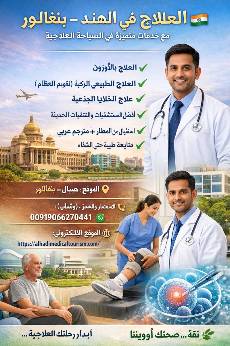 Wasim2pasha's tweet photo. العلاج في الهند بنغالور

✨ العلاج في الهند – بنغالور 🇮🇳
مع خدمات متميزة في السياحة العلاجية

نقدم لكم أفضل البرامج العلاجية في بنغالور بإشراف نخبة من الأطباء والمتخصصين:

✔️ العلاج بالأوزون
✔️ العلاج الطبيعي للركبة (تقويم العظام)
✔️ علاج الخلايا الجذعية
✔️ أفضل المستشفيات والت https://t.co/WDaHQoKTI0