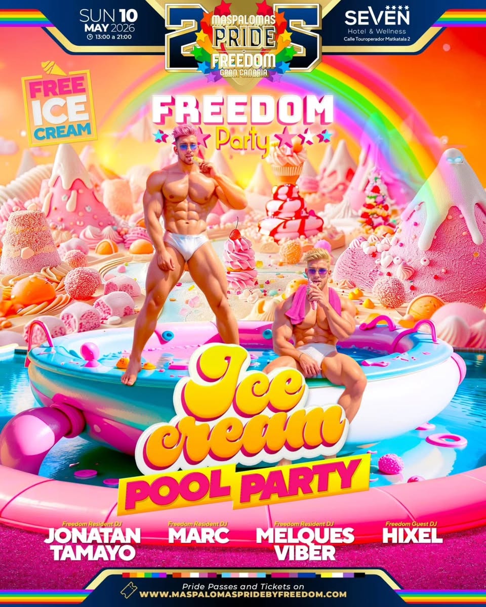 MaspaPride's tweet photo. 📷 ICE CREAM POOL PARTY by @freedompartyofficial
Line-up para la icónica pool party del Maspalomas Pride 📷📷
@hixelmusicon  - @melquesviber  - marc__dj -
@djjonatantamayo Tickets: https://t.co/h1OfNIyJSw https://t.co/W08tTQRcEY