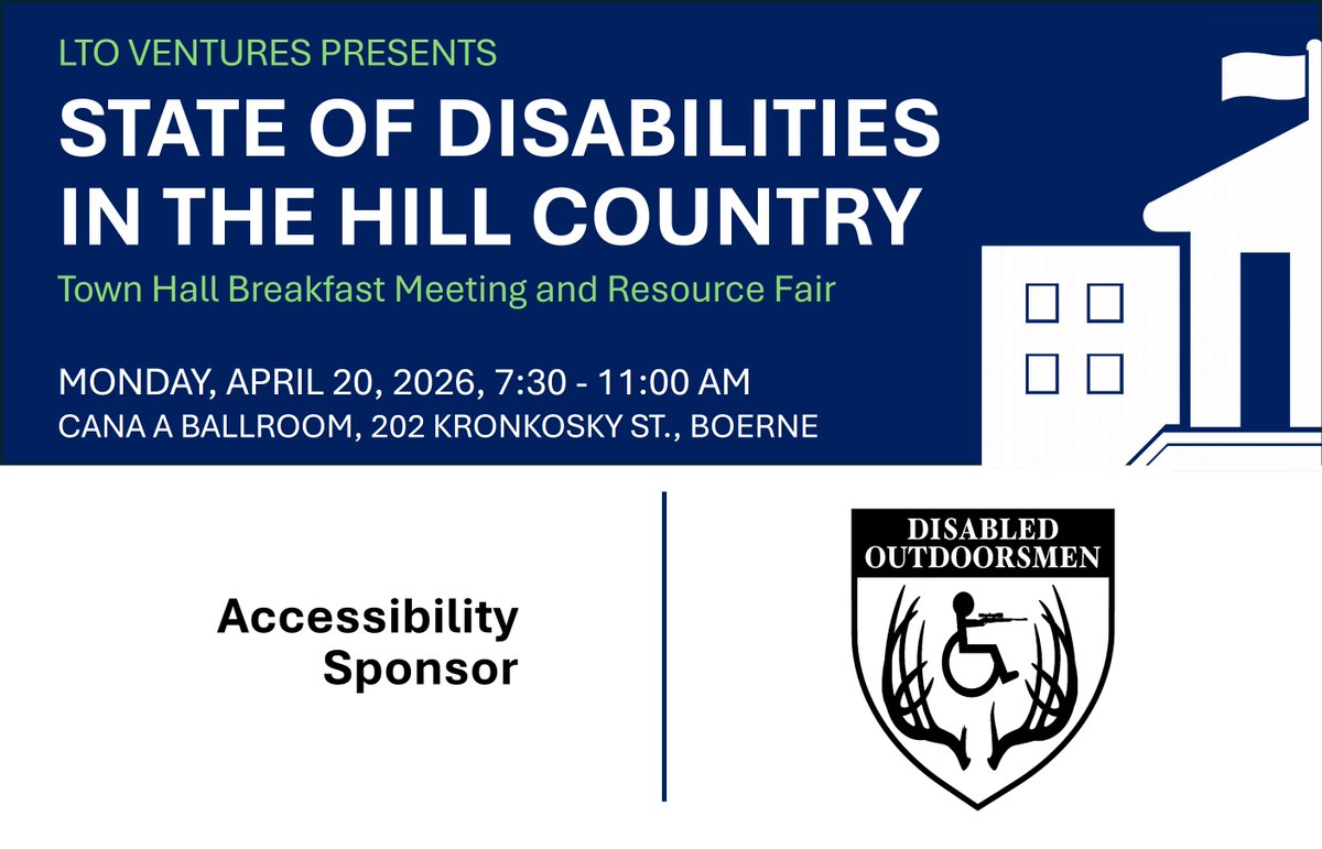 LTOVentures's tweet photo. We are pleased to announce that Disabled Outdoorsmen (https://t.co/uDD1BKzyMH) is the Accessibility Sponsor for our April 20th State of Disabilities in the Hill Country (TX) Town Hall. https://t.co/zo0VDCfO3L https://t.co/mR2wHPTnsA