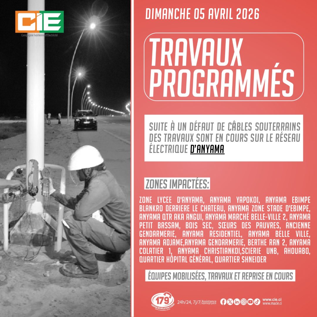 CIEofficiel's tweet photo. #TravauxReseaux
#Abidjan 
#Anyama 
#PortBouet https://t.co/Fjb8IKRGT1