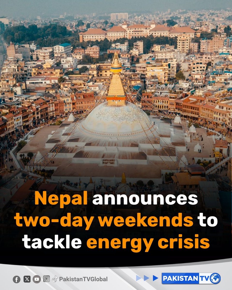 PakTVGlobal's tweet photo. Nepal introduces two-day weekends for government offices and schools to cope with fuel shortages linked to Middle East conflict; exploring shift to electric vehicles.
#Nepal #BalendraShah #TwoDayWeekend #MiddleEastTensions #EnergyConservation #PakistanTV #PakistanTVglobal https://t.co/HJ2v7F7WQi